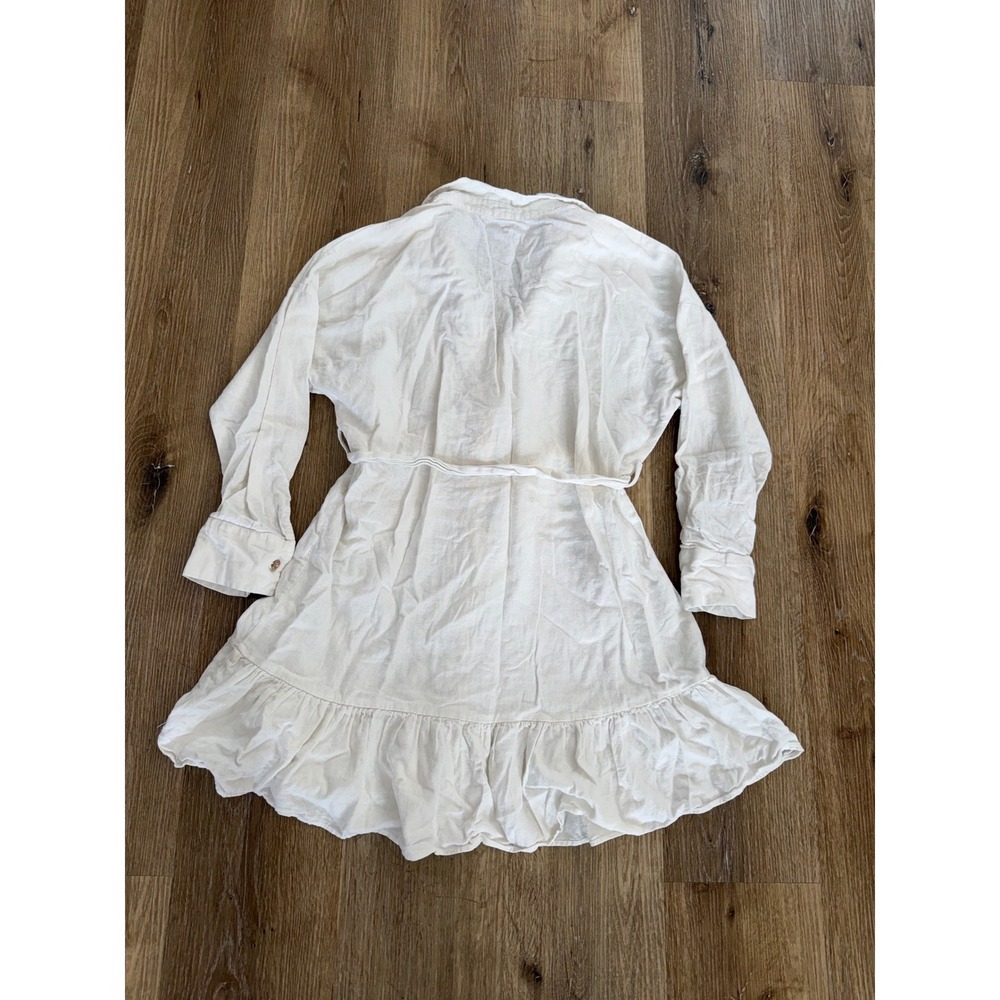 Zara Shirt Dress Womens Medium Cream Linen Blend Ruffle Hem Belted Excellent - Picture 9 of 9